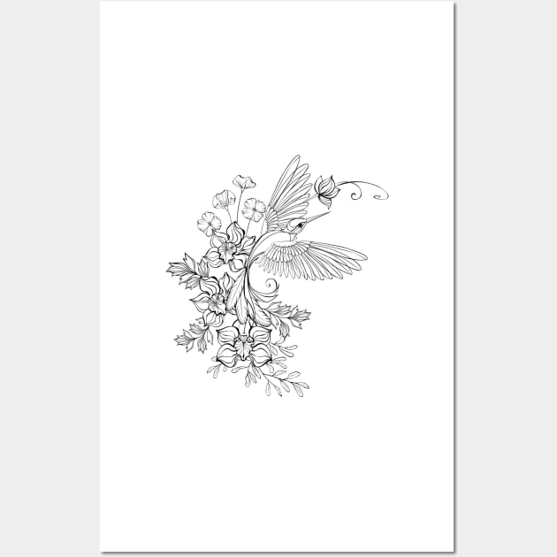 Contour Hummingbird with Orchids Wall Art by Blackmoon9
